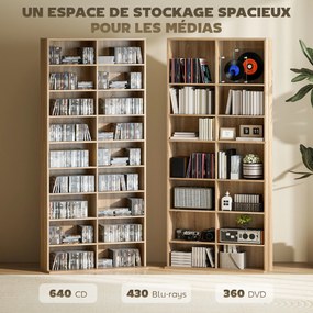 Organizador para CD e DVD com 18 compartimentos, capacidade máxima de 640 CD/360 DVD/430 Blu-ray, 78,5 x 24 x 175 cm, madeira natural