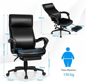 Cadeira de escritório ergonômica reclinável com apoio para os pés retrátil Cadeira giratória ajustável com altura de carga 150 kg 62 x 71,5 x 109-119