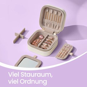 Caixa portátil para joias com espelho, couro PU 10,6 x 10,6 x 6,1 cm branco