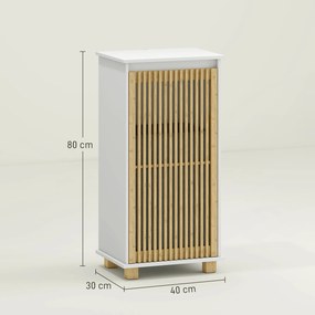 Móvel de casa de banho com cesto para roupa suja, porta com ripas de bambu e saco removível, branco e com efeito de madeira natural