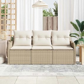 Conjunto de Sofá de Jardim de 3 Peças com Almofadas Bege Polyrattan