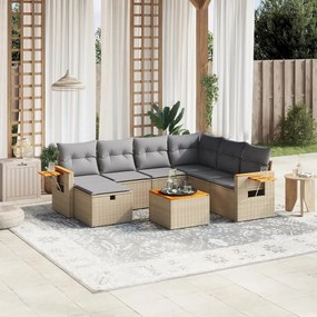 8 pcs conj. sofás jardim c/ almofadões vime PE bege misturado