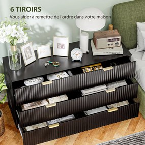 Cómoda de 6 gavetas, móvel de arrumação moderno para quarto com puxadores e pés dourados, 120 x 40 x 76,5 cm, preto