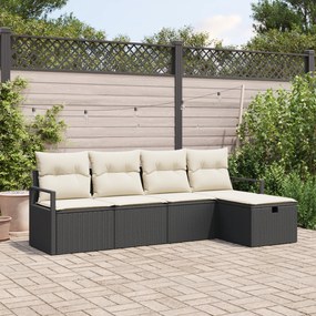 Conjunto de Sofá de Jardim de 5 Peças com Almofadas Vime PE Preto, Sof