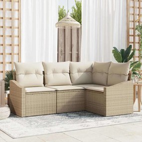 vidaXL Conjunto de Sofá de Jardim com 4 Peças com Almofadas Bege Rattan Poliéster