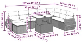 9 pcs conj. sofás jardim com almofadões vime PE cinzento-claro