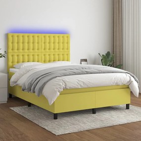 vidaXL Cama box spring c/ colchão e LED 140x200 cm tecido verde