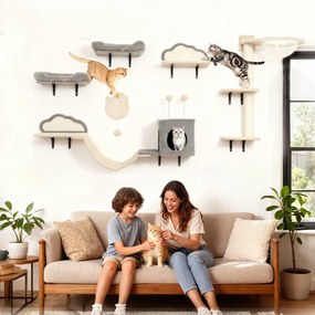 Prateleiras de parede para gatos, conjunto de móveis de parede de 6 peças, rede de bolhas em acrílico, compartimentos abertos, rede e escada bege, cin