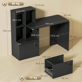 Secretária de computador 126 x 50 x 109 cm com estante de 4 compartimentos e gaveta com fechadura, preta