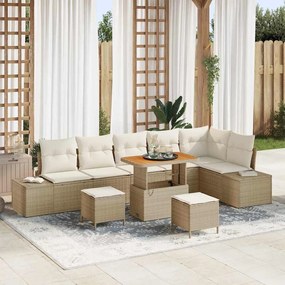 Conjunto de Sofá de Jardim vidaXL 9 Peças com Almofadas Bege Rattan Acácia