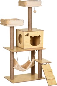 PawHut Arranhador Gatos Juta 2 Camas Rede Caverna Bola Suspensa Rede Rampa 60x40x130 cm Madeira Conforto Diversão | Aosom Portugal