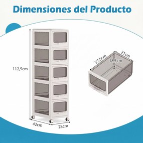 Móvel de Arrumação com 5 Gavetas, 42 x 28 x 112,5 cm, Rodas com Travão, Branco