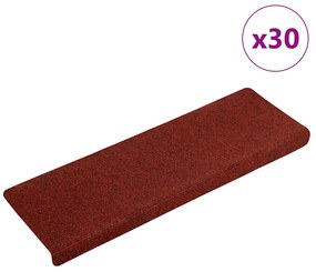 vidaXL Tapetes de escada autoadesivos 30 peças 65x21x4 cm vermelho bordô com borda retangular