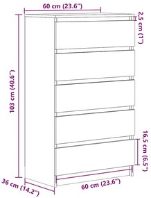 Cómoda com 5 Gavetas - 60x36x103 cm - derivados madeira - madeira velh
