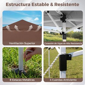 Tenda de Jardim Dobrável Emergente, 350 x 352 x 250 cm, Altura Ajustável em 3 Posições, Castanho