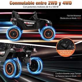 Carro elétrico 24V para crianças 4WD/2WD 4x100W Motores Comando à distância Arranque suave Suspensão com molas Música 2 lugares 3+anos Preto