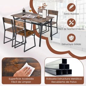 Conjunto de móveis de cozinha de 5 peças com mesa de jantar retangular industrial 4 cadeiras Estante para arrumação e estrutura metálica Castanho rúst