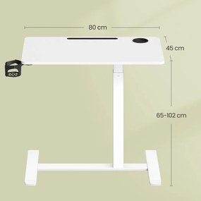Mesa auxiliar com rodas, ajustável 80 x 45 x (65-102) cm branco