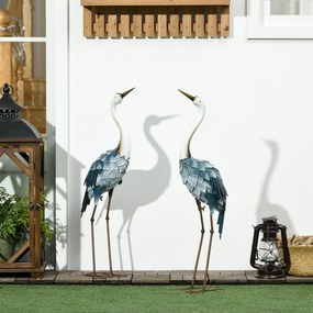 Conjunto de 2 estátuas de jardim: escultura de grou, decoração exterior com tema de aves, em aço, para terraço, varanda, pátio e relvado multicolorida