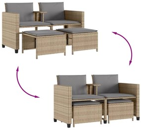 Sofá de jardim de 2 lugares com mesa e bancos vime PE bege