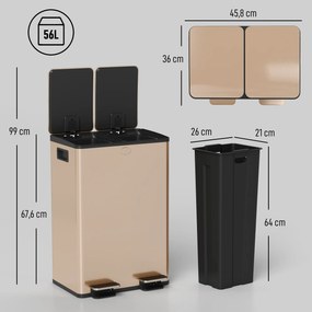Caixote do lixo de cozinha com 2 compartimentos de 2 x 28 L, aço inoxidável, tampa com fecho suave, 45,8 x 36 x 67,6 cm, dourado