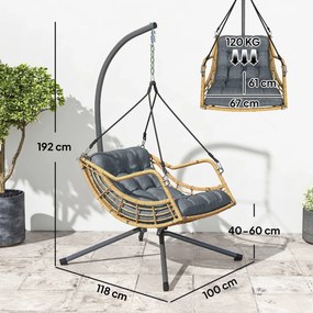 Cadeira suspensa jardim em resina trançada com suporte, almofada, dispositivo de segurança, altura ajustável, cinzenta