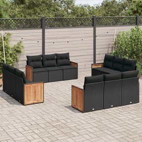 12 pcs conjunto de sofás de jardim c/ almofadões vime PE preto