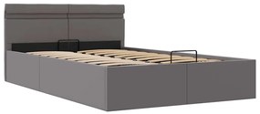 Cama hidráulica c/ arrumação LED 140x200cm couro artific. cinza