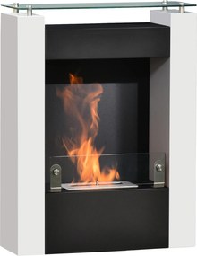 Lareira a bioetanol 60 x 20 x 79 cm com queimador de 0,9 L e tabuleiro de arrumação em vidro temperado, em aço preto e branco