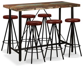Conjunto de bar 7 pcs madeira recuperada maciça e couro genuíno