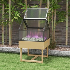 Mini-estufa com pés, dimensões: 60L x 57l x 103H cm, com teto duplo que se abre; painéis de policarbonato, aço e madeira de abeto tratada