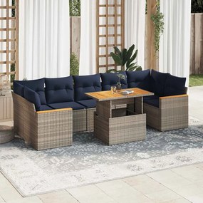8 pcs conjunto sofás de jardim c/ almofadões vime PE cinzento
