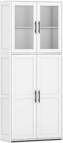 Armário para casa de banho de madeira com portas 70 cm x 30 cm x 168 cm, prateleiras e ganchos para esfregonas  branco