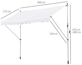 Toldo Manual Retrátil para Exterior 300x150x170-280cm Toldo Enrolável Altura Ajustável com Manivela Proteção Solar para Terraço Balcão Jardim Branco