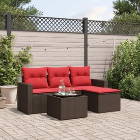 vidaXL 5 pcs conjunto sofás p/ jardim c/ almofadões vime PE castanho