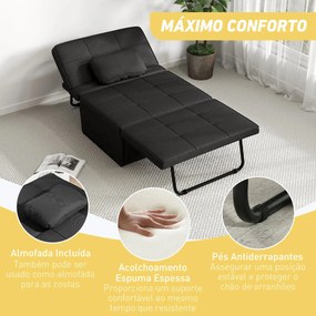 Sofá-Cama "Açores" 3 em 1 - Preto - 95x179x78 cm - Linho e Metal - Des