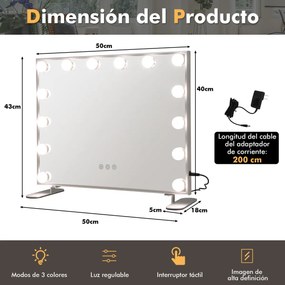 Espelho de maquilhagem iluminado com LED 2 em 1 Espelho de mesa e de parede Espelho retangular para toucador com 3 modos de iluminação Controlo tátil