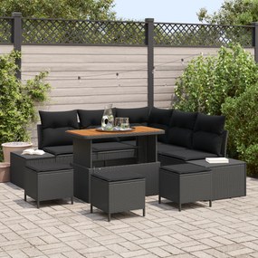 Conjunto de Sofá de Jardim vidaXL de 9 Peças com Almofadas Preto Vime Sintético Acácia