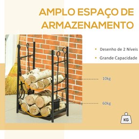 Suporte para Lenha de 2 Níveis Porta Lenha Exterior e Interior Metálico com 4 Ferramentas para Lareira Carga Máx. 70kg 44,5x29,x73 cm Preto