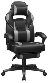 Cadeira gamer SONGMICS, cadeira de mesa com apoio para os pés, cadeira de escritório com apoio de cabeça e almofada lombar, altura ajustável, ergonômica, ângulo de inclinação de 90-135°, carga de 150 kg, preta e cinza