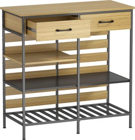 HOMCOM Aparador de cozinha, móvel de arrumação com 2 gavetas e 3 prateleiras abertas, 90 x 40 x 91 cm, madeira natural e preto | Aosom Portugal