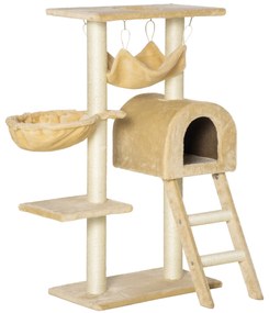 PawHut Árvore para Gatos Arranhador com Poste Ninho Cesta Rede Plataforma Casa e Escada de Veludo e Sisal Natural 54x29,5x98 cm Bege