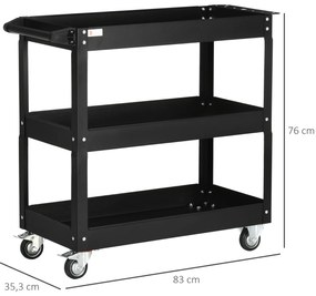 DURHAND Carrinho de Ferramentas com Rodas Carro de Ferramentas de Oficina de Aço com 3 Prateleiras de Armazenamento e Alça Lateral para Garagem Oficina Carga Máxima 150kg 78,8x35,3x72cm Preto
