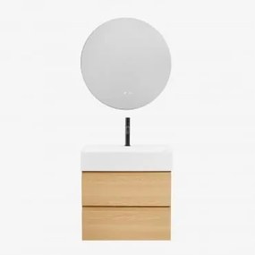 Conjunto De Móvel De Casa De Banho Em Madeira E Chapa De Freixo Com Lavatório Integrado Ona Madeira Natural & Redondo Led E - Sklum