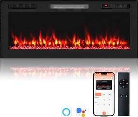 Lareira elétrica 91,4 x 10 x 46 cm 750 W/1500 W embutir na parede compatível com Alexa e Google Assistant com APP e comando Preto