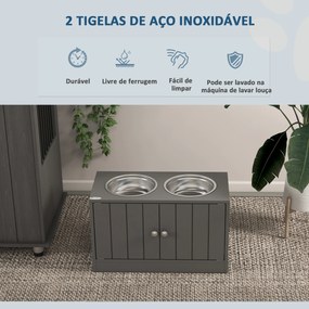 Comedouro Elevado para Cães Grandes com 2 Tigelas de 2L em Aço Inoxidável, 2 Portas e Arrumação, 60x30x35,5 cm, Cinzento