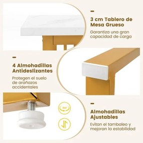 Mesa de jantar moderna para 6-8 pessoas Retangular 160 cm com tampo de mármore sintético Pernas de metal para restaurante Dourada e branco