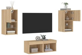 4 pcs móveis de parede para TV com luzes LED carvalho sonoma