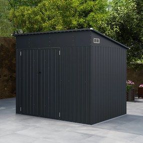 Abrigo de jardim 235 x 174 x 197 cm com 3 portas, fechadura e telhado inclinado em aço galvanizado para ferramentas e bicicletas, cinza escuro