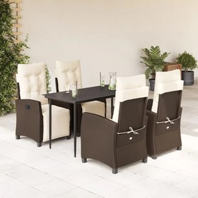 vidaXL 5 pcs conjunto jantar p/ jardim c/ almofadões vime PE castanho